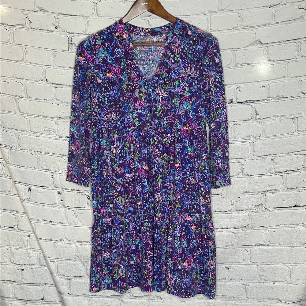 Lilly Pulitzer Dark Purple Floral V-Neck Tiered Dress Size Small